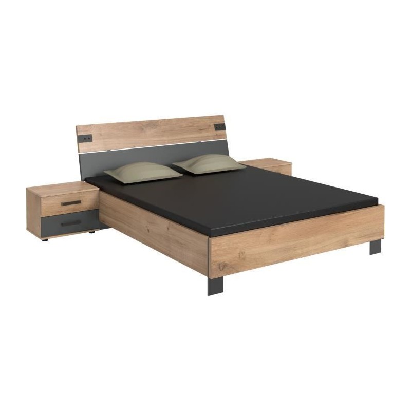Lit avec paire de chevet a 2 tiroirs - LAMIA - 160 x 200 cm - Chene po Lit avec paire de chevet a 2 tiroirs - LAMIA - 160 x 200 cm - Chene po