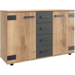 Commode combinée LAMIA - 4 tiroirs et 2 portes - Couleur Chene et gri