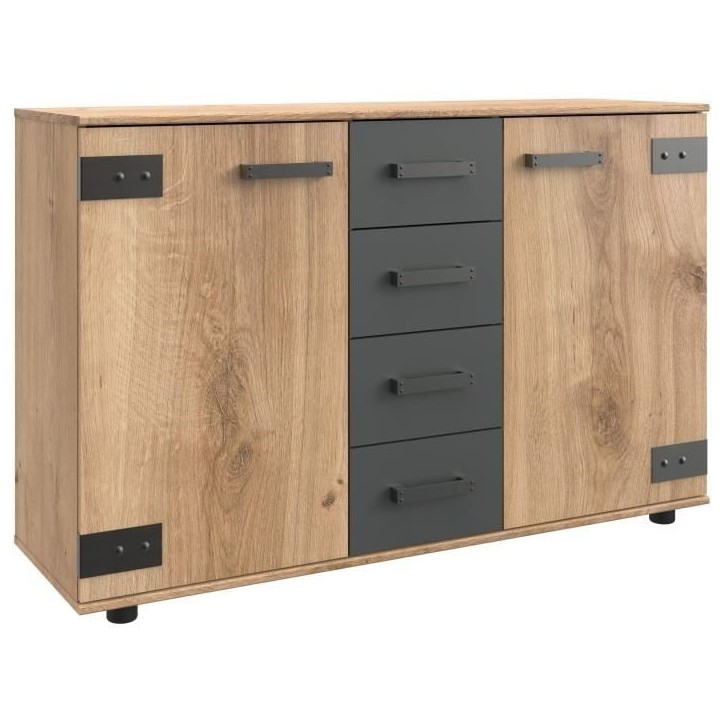 Commode combinée LAMIA - 4 tiroirs et 2 portes - Couleur Chene et gris anthracite - L130 x H83 x P41 cm Commode combinée LAMIA - 4 tiroirs et 2 portes - Couleur Chene et gris anthracite - L130 x H83 x P41 cm