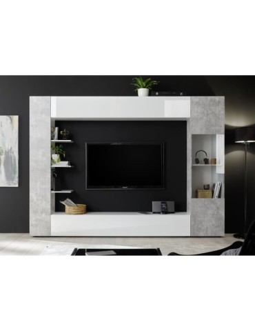 Composition murale TV SIENNA - Laqué blanc et béton - L295 x P30 x H187 cm