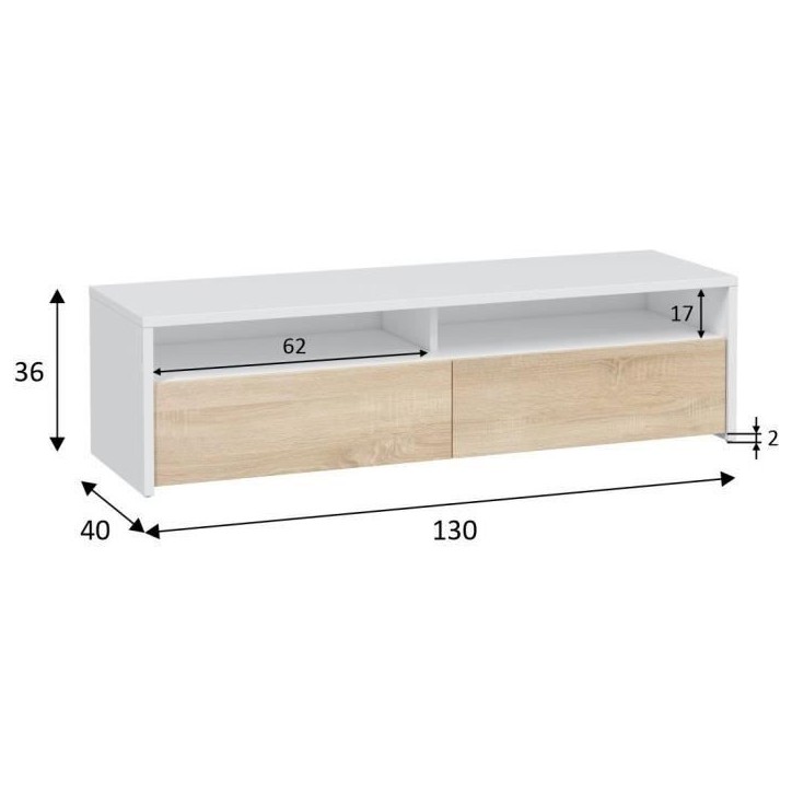 Meuble TV - KIOTO - Blanc Artik / Chene Canadien - 2 portes - 2 niches - 130 x 42 x 36 cm