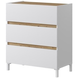 Commode 3 tiroirs - Décor chene et blanc - Finition satinée - L79 x