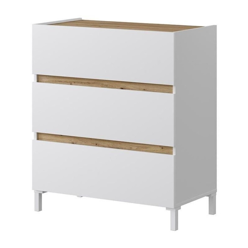 Commode 3 tiroirs - Décor chene et blanc - Finition satinée - L79 x Commode 3 tiroirs - Décor chene et blanc - Finition satinée - L79 x