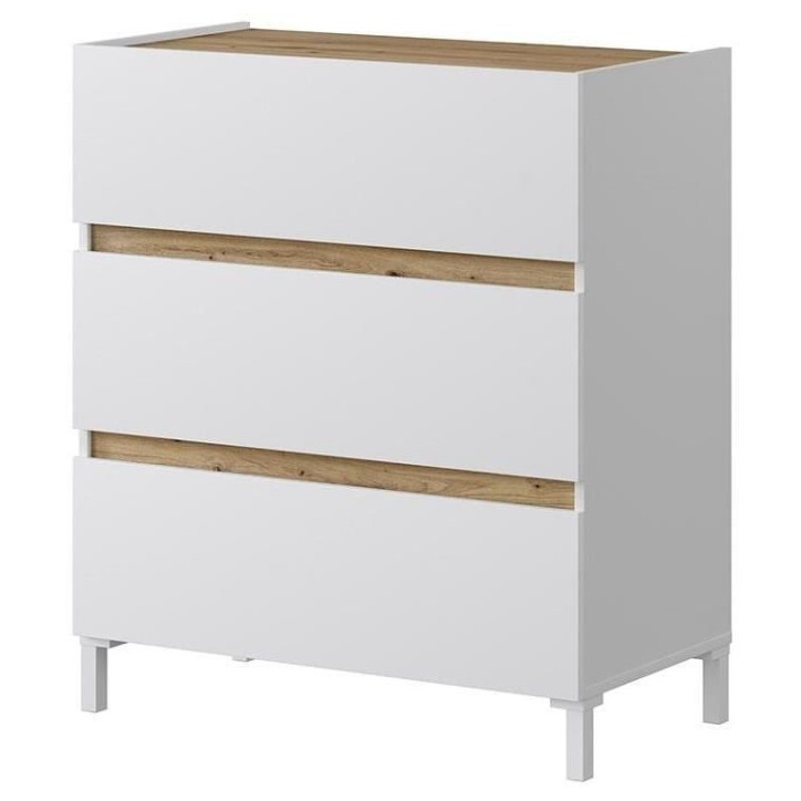Commode 3 tiroirs - Décor chene et blanc - Finition satinée - L79 x P41 x H90 cm - TEMPUS Commode 3 tiroirs - Décor chene et blanc - Finition satinée - L79 x P41 x H90 cm - TEMPUS