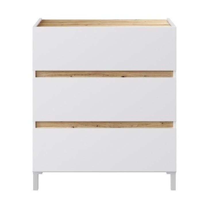 Commode 3 tiroirs - Décor chene et blanc - Finition satinée - L79 x P41 x H90 cm - TEMPUS Commode 3 tiroirs - Décor chene et blanc - Finition satinée - L79 x P41 x H90 cm - TEMPUS