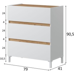 Commode 3 tiroirs - Décor chene et blanc - Finition satinée - L79 x