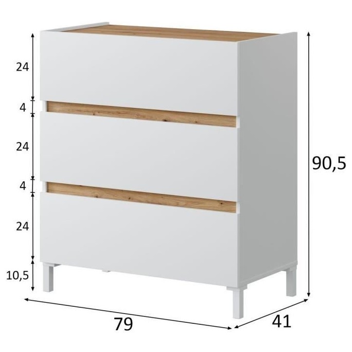 Commode 3 tiroirs - Décor chene et blanc - Finition satinée - L79 x P41 x H90 cm - TEMPUS Commode 3 tiroirs - Décor chene et blanc - Finition satinée - L79 x P41 x H90 cm - TEMPUS