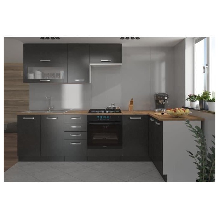 LASSEN Cuisine complete d'angle 240x165 cm avec plan de travail - Angles réversible - 8 éléments - Gris Matera LASSEN Cuisine complete d'angle 240x165 cm avec plan de travail - Angles réversible - 8 éléments - Gris Matera