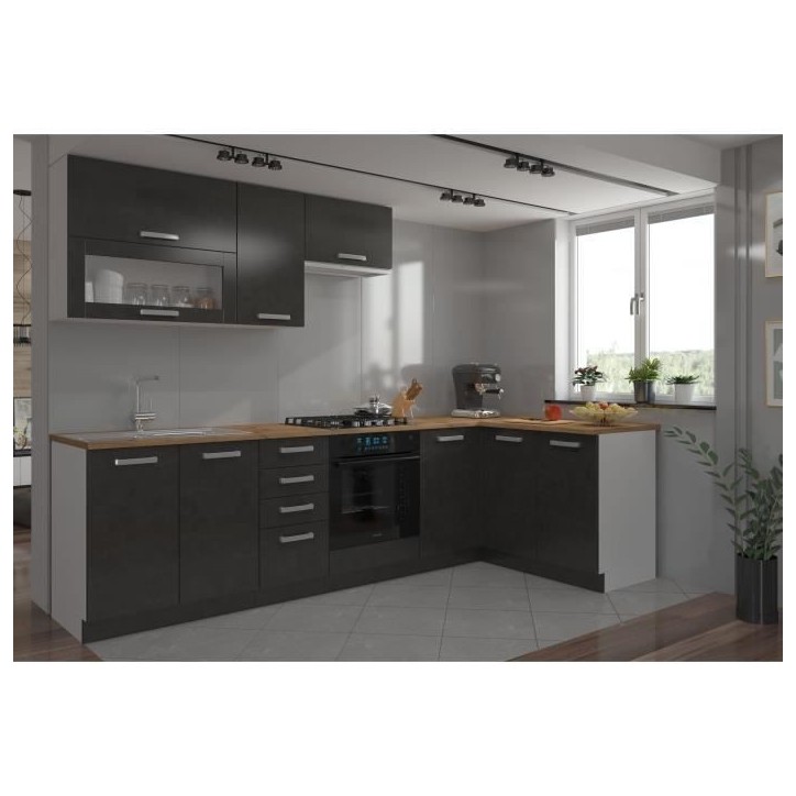 LASSEN Cuisine complete d'angle 240x165 cm avec plan de travail - Angles réversible - 8 éléments - Gris Matera LASSEN Cuisine complete d'angle 240x165 cm avec plan de travail - Angles réversible - 8 éléments - Gris Matera