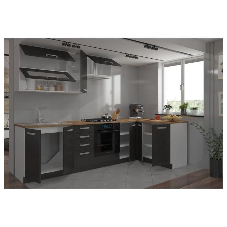 LASSEN Cuisine complete d'angle 240x165 cm avec plan de travail - Angles réversible - 8 éléments - Gris Matera LASSEN Cuisine complete d'angle 240x165 cm avec plan de travail - Angles réversible - 8 éléments - Gris Matera