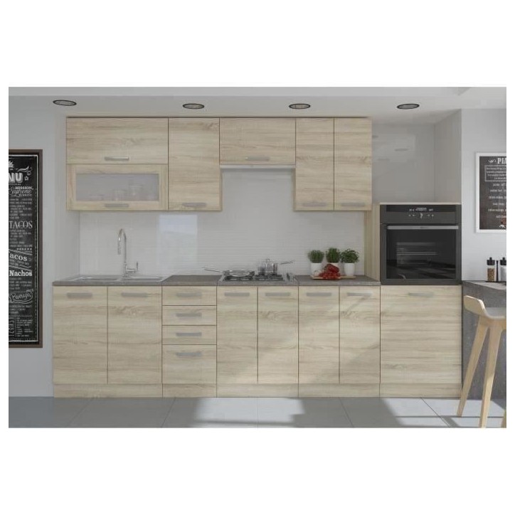LASSEN Cuisine complete L 300 cm avec demi-colonne four et hotte - Décor chene sonoma
