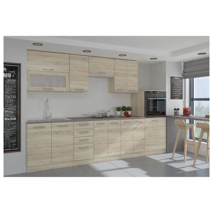LASSEN Cuisine complete L 300 cm avec demi-colonne four et hotte - Décor chene sonoma