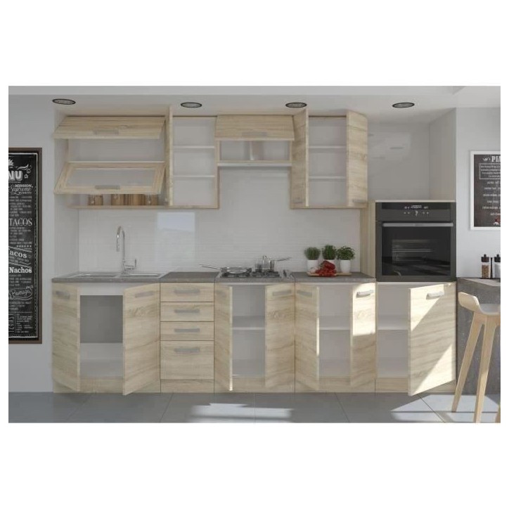 LASSEN Cuisine complete L 300 cm avec demi-colonne four et hotte - Décor chene sonoma