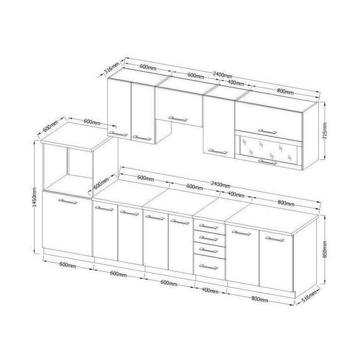 LASSEN Cuisine complete L 300 cm avec demi-colonne four et hotte - Décor chene sonoma