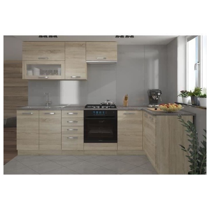 LASSEN Cuisine complete d'angle 240x165 cm avec plan de travail - Angle réversible - Décor chene sonoma