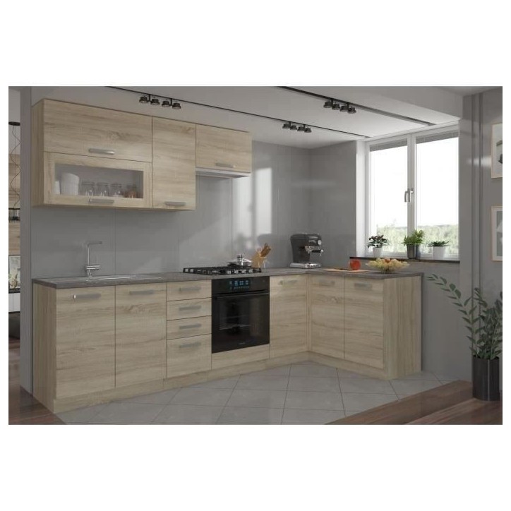 LASSEN Cuisine complete d'angle 240x165 cm avec plan de travail - Angle réversible - Décor chene sonoma