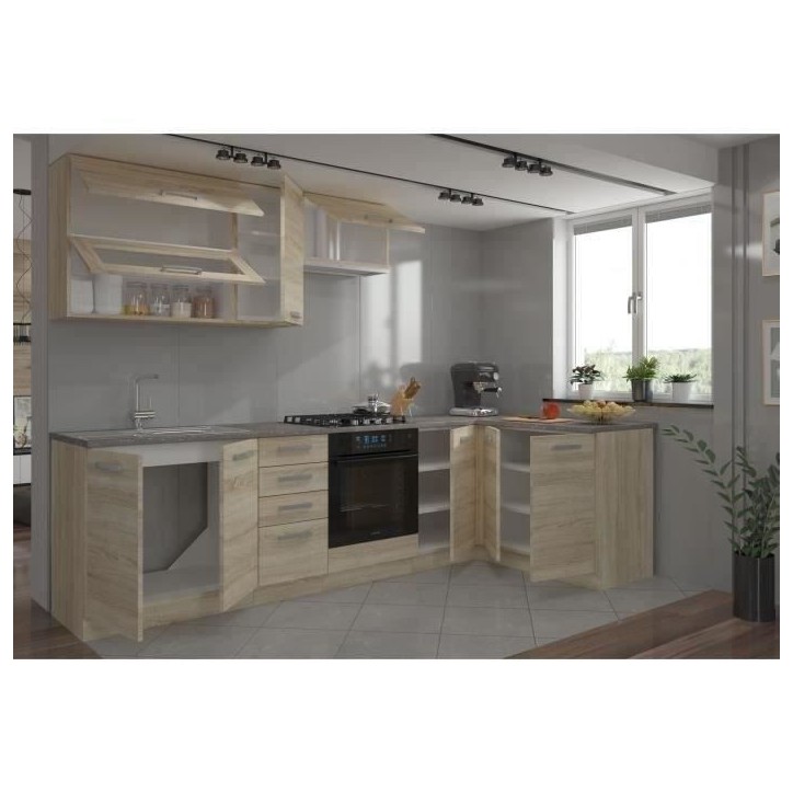 LASSEN Cuisine complete d'angle 240x165 cm avec plan de travail - Angle réversible - Décor chene sonoma