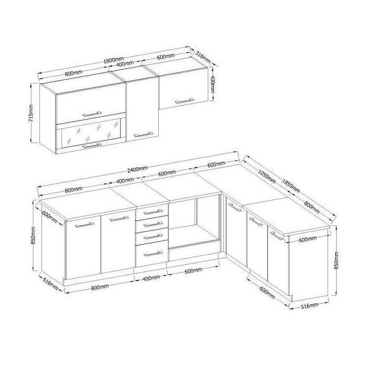 LASSEN Cuisine complete d'angle 240x165 cm avec plan de travail - Angle réversible - Décor chene sonoma