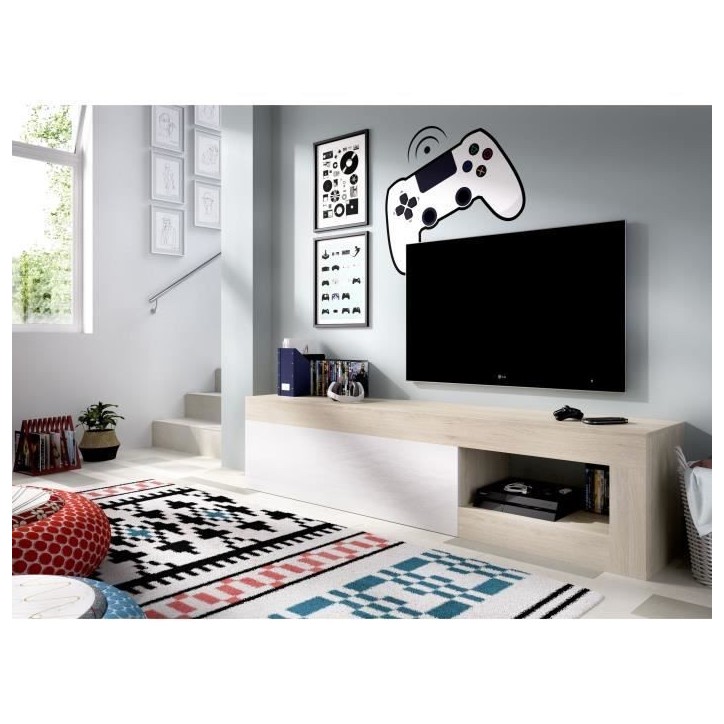 Meuble TV bas - LEBO - Chene / Blanc Brillant - 204 x 42 x 48 cm Meuble TV bas - LEBO - Chene / Blanc Brillant - 204 x 42 x 48 cm