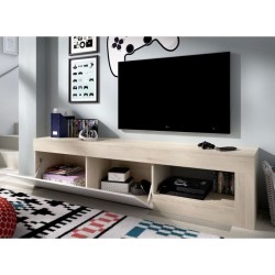 Meuble TV bas - LEBO - Chene / Blanc Brillant - 204 x 42 x 48 cm