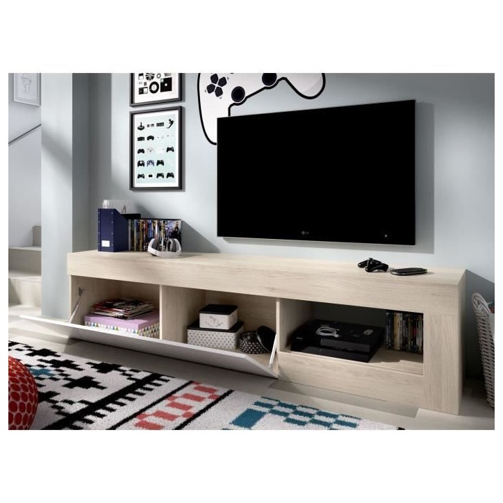 Meuble TV bas - LEBO - Chene / Blanc Brillant - 204 x 42 x 48 cm Meuble TV bas - LEBO - Chene / Blanc Brillant - 204 x 42 x 48 cm