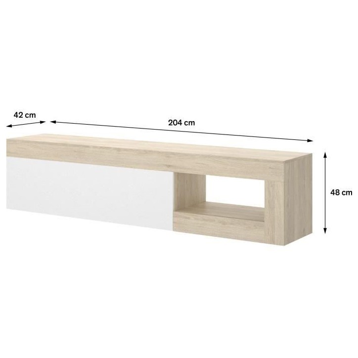 Meuble TV bas - LEBO - Chene / Blanc Brillant - 204 x 42 x 48 cm Meuble TV bas - LEBO - Chene / Blanc Brillant - 204 x 42 x 48 cm