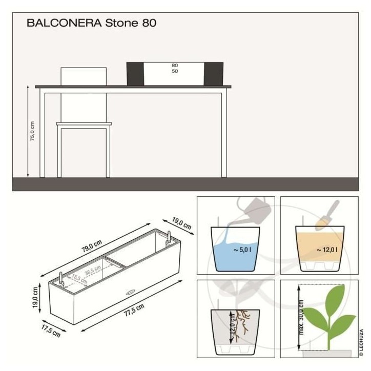 LECHUZA Jardiniere BALCONERA Stone 80 ALL-IN-ONE Beige LECHUZA Jardiniere BALCONERA Stone 80 ALL-IN-ONE Beige