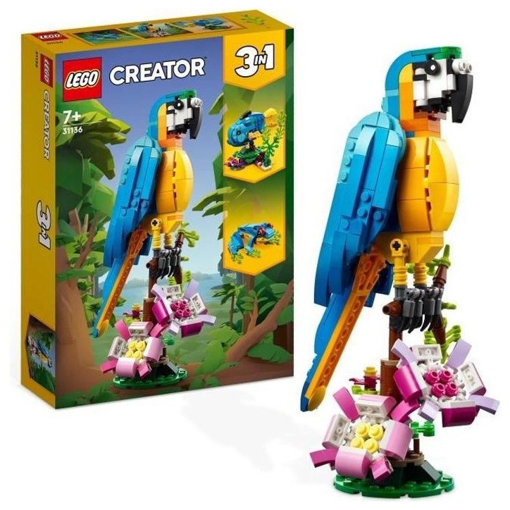 LEGO Creator 3-en-1 31136 Le Perroquet Exotique, Figurines Animaux de la Jungle, avec Grenouille et Poisson LEGO Creator 3-en-1 31136 Le Perroquet Exotique, Figurines Animaux de la Jungle, avec Grenouille et Poisson