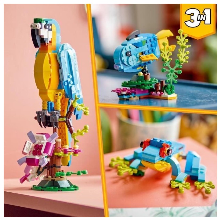 LEGO Creator 3-en-1 31136 Le Perroquet Exotique, Figurines Animaux de la Jungle, avec Grenouille et Poisson LEGO Creator 3-en-1 31136 Le Perroquet Exotique, Figurines Animaux de la Jungle, avec Grenouille et Poisson