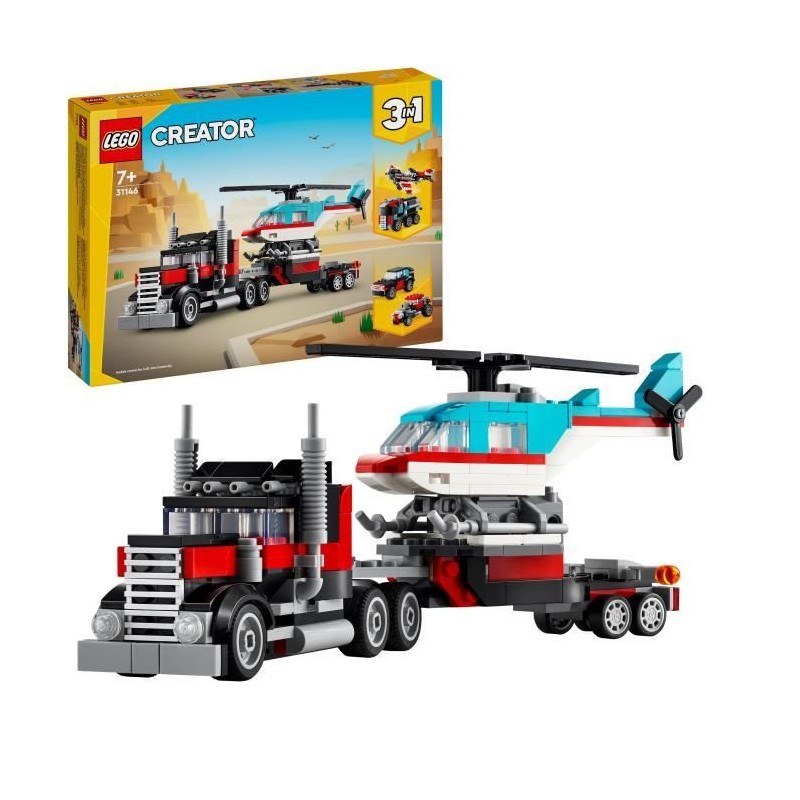 LEGO 31146 Creator 3en1 Le Camion Remorque avec Hélicoptere, Jouet d'