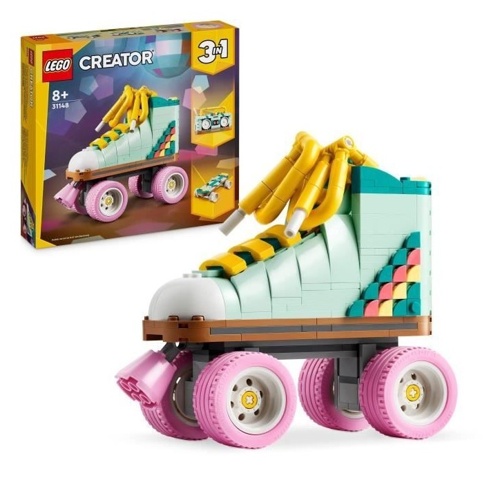 LEGO 31148 Creator 3en1 Les Patins a Roulettes Rétro, Jouet avec Mini-Skateboard et Boombox, Décoration Rétro