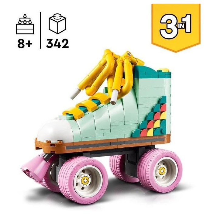 LEGO 31148 Creator 3en1 Les Patins a Roulettes Rétro, Jouet avec Mini-Skateboard et Boombox, Décoration Rétro
