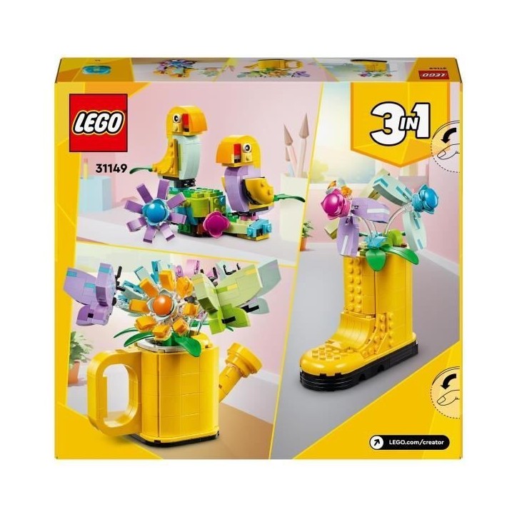 LEGO 31149 Creator 3en1 Les Fleurs dans l'Arrosoir, Jouet pour Enfants, avec Arrosoir, Bouquet de Fleurs et 2 Oiseaux