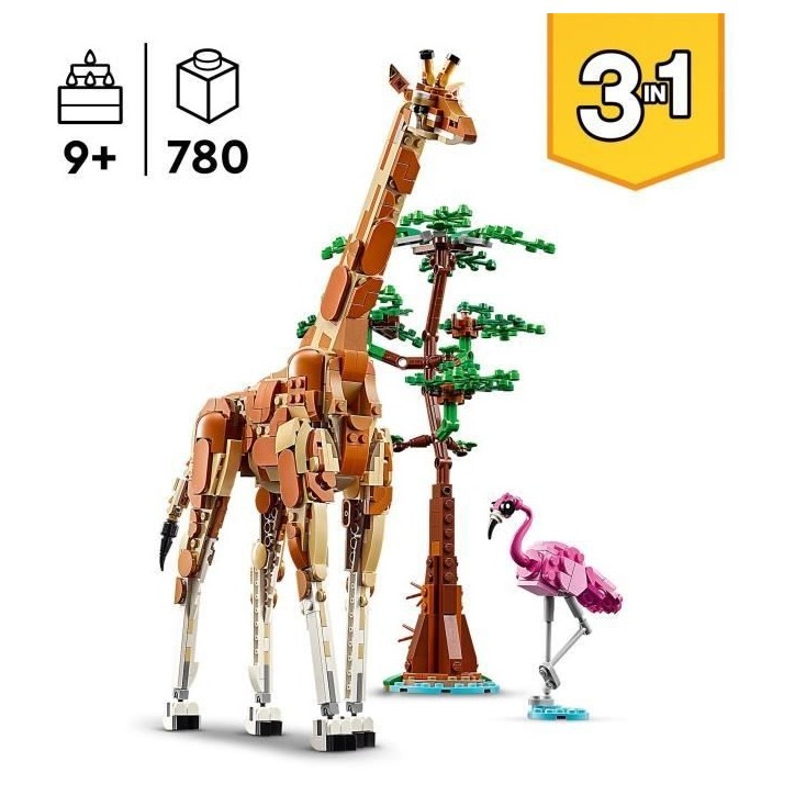 LEGO 31150 Creator 3en1 Les Animaux Sauvages du Safari, Jouet avec Figurines d'Animaux, Girafe, Gazelles et Lion