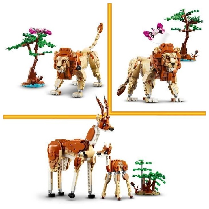LEGO 31150 Creator 3en1 Les Animaux Sauvages du Safari, Jouet avec Figurines d'Animaux, Girafe, Gazelles et Lion