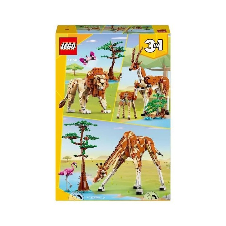 LEGO 31150 Creator 3en1 Les Animaux Sauvages du Safari, Jouet avec Figurines d'Animaux, Girafe, Gazelles et Lion