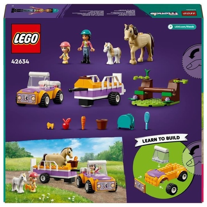 LEGO 42634 Friends La Remorque du Cheval et du Poney, Jouet avec Figurines Liann, Zoya et 2 Figurines d'Animaux