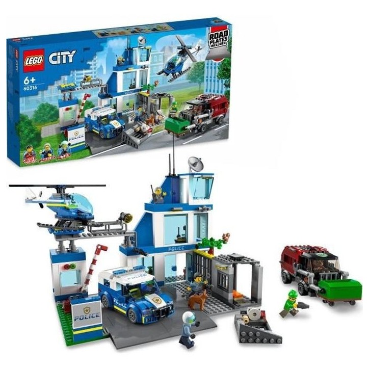 LEGO City 60316 Le Commissariat de Police, Jouet Hélicoptere, Voiture de Police, Chien Figurine, Camion Poubelle Jouet