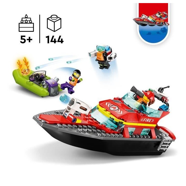 LEGO City 60373 Le Bateau de Sauvetage des Pompiers, Jouet Flottant, Jetpack et Minifigurines