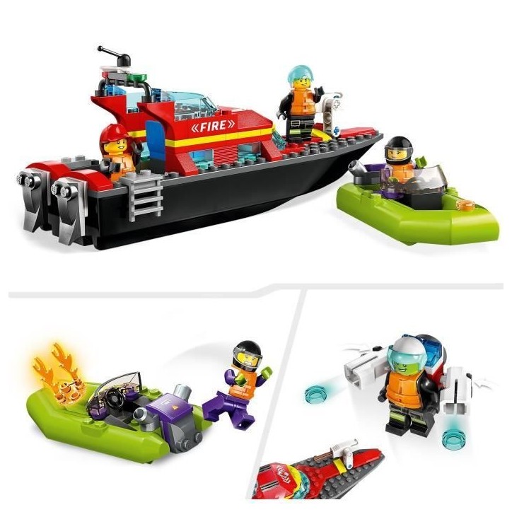 LEGO City 60373 Le Bateau de Sauvetage des Pompiers, Jouet Flottant, Jetpack et Minifigurines