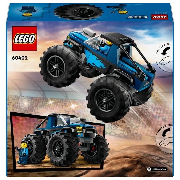 LEGO 60402 City Le Monster Truck Bleu, Jouet Camion Tout-Terrain et Minifigurine de Conducteur, Cadeau Enfants