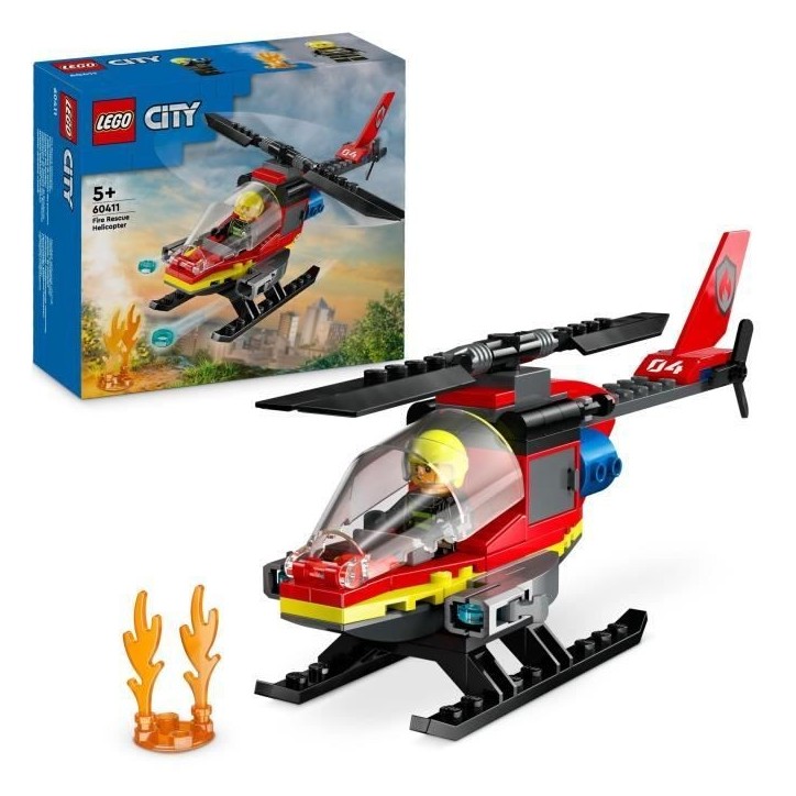 LEGO 60411 City L'Hélicoptere de Secours des Pompiers, Jouet avec Minifigurines de Pilote Pompier, Cadeau pour Enfants