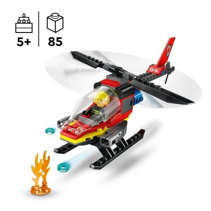 LEGO 60411 City L'Hélicoptere de Secours des Pompiers, Jouet avec Minifigurines de Pilote Pompier, Cadeau pour Enfants