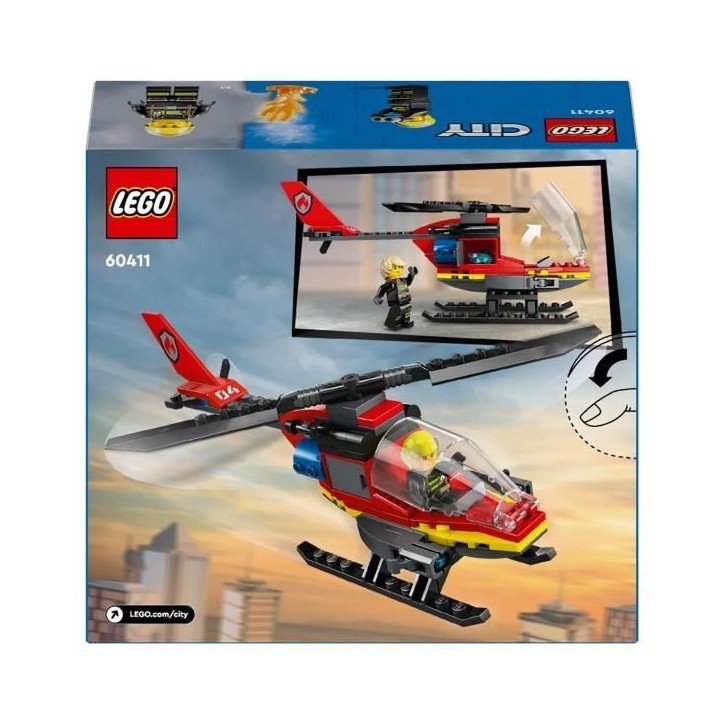 LEGO 60411 City L'Hélicoptere de Secours des Pompiers, Jouet avec Minifigurines de Pilote Pompier, Cadeau pour Enfants