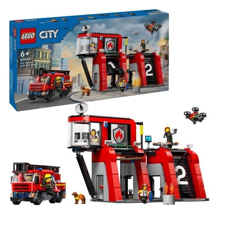 LEGO 60414 City La Caserne et le Camion de Pompiers, Jouet de Figurine de Chien et 5 Minifigurines, Cadeau Enfants