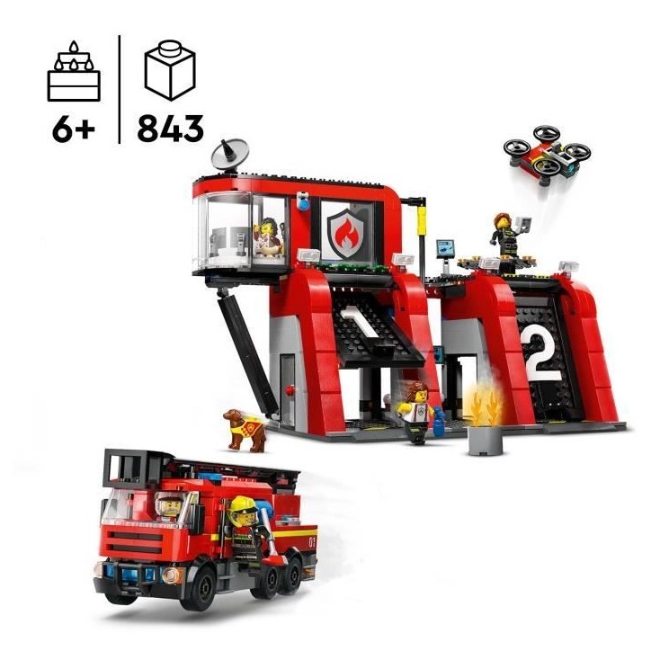LEGO 60414 City La Caserne et le Camion de Pompiers, Jouet de Figurine de Chien et 5 Minifigurines, Cadeau Enfants