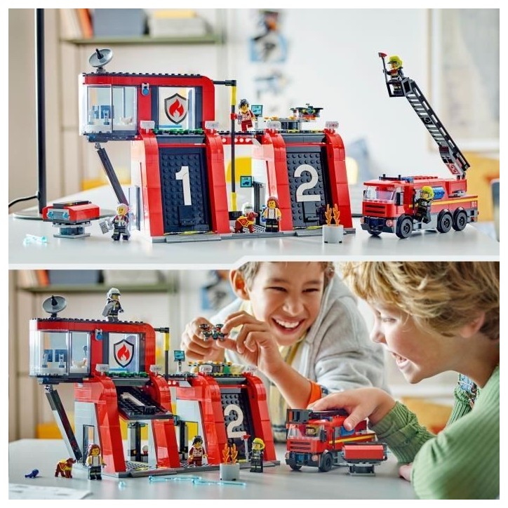 LEGO 60414 City La Caserne et le Camion de Pompiers, Jouet de Figurine de Chien et 5 Minifigurines, Cadeau Enfants