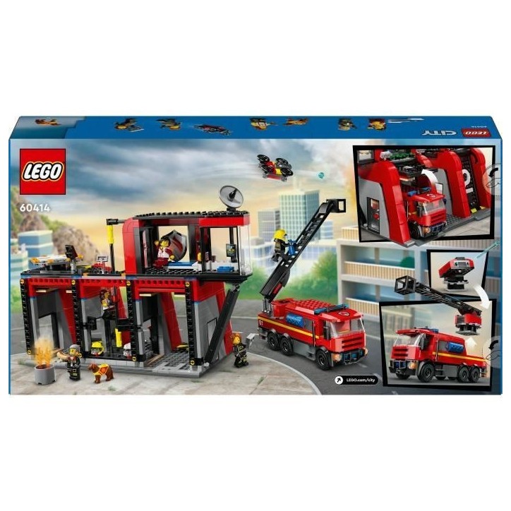 LEGO 60414 City La Caserne et le Camion de Pompiers, Jouet de Figurine de Chien et 5 Minifigurines, Cadeau Enfants