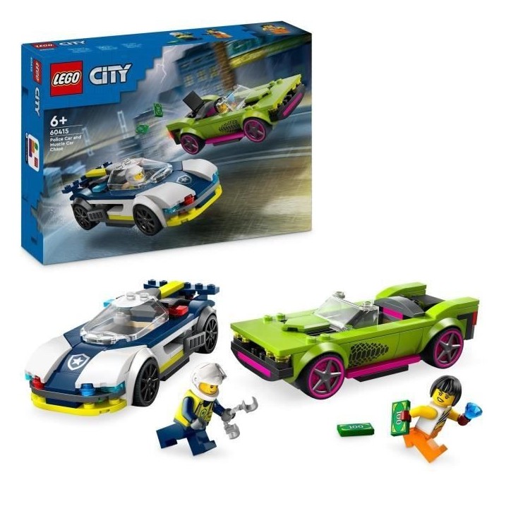 LEGO 60415 City La Course-Poursuite entre la Voiture de Police et la Super Voiture, Jouet avec Minifigurines, Cadeau Enfants
