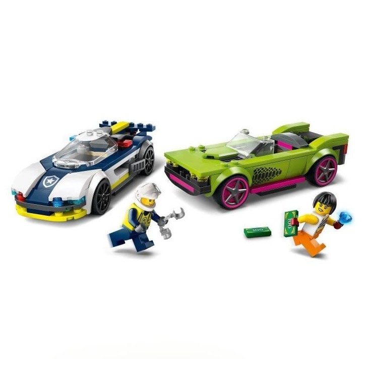 LEGO 60415 City La Course-Poursuite entre la Voiture de Police et la Super Voiture, Jouet avec Minifigurines, Cadeau Enfants